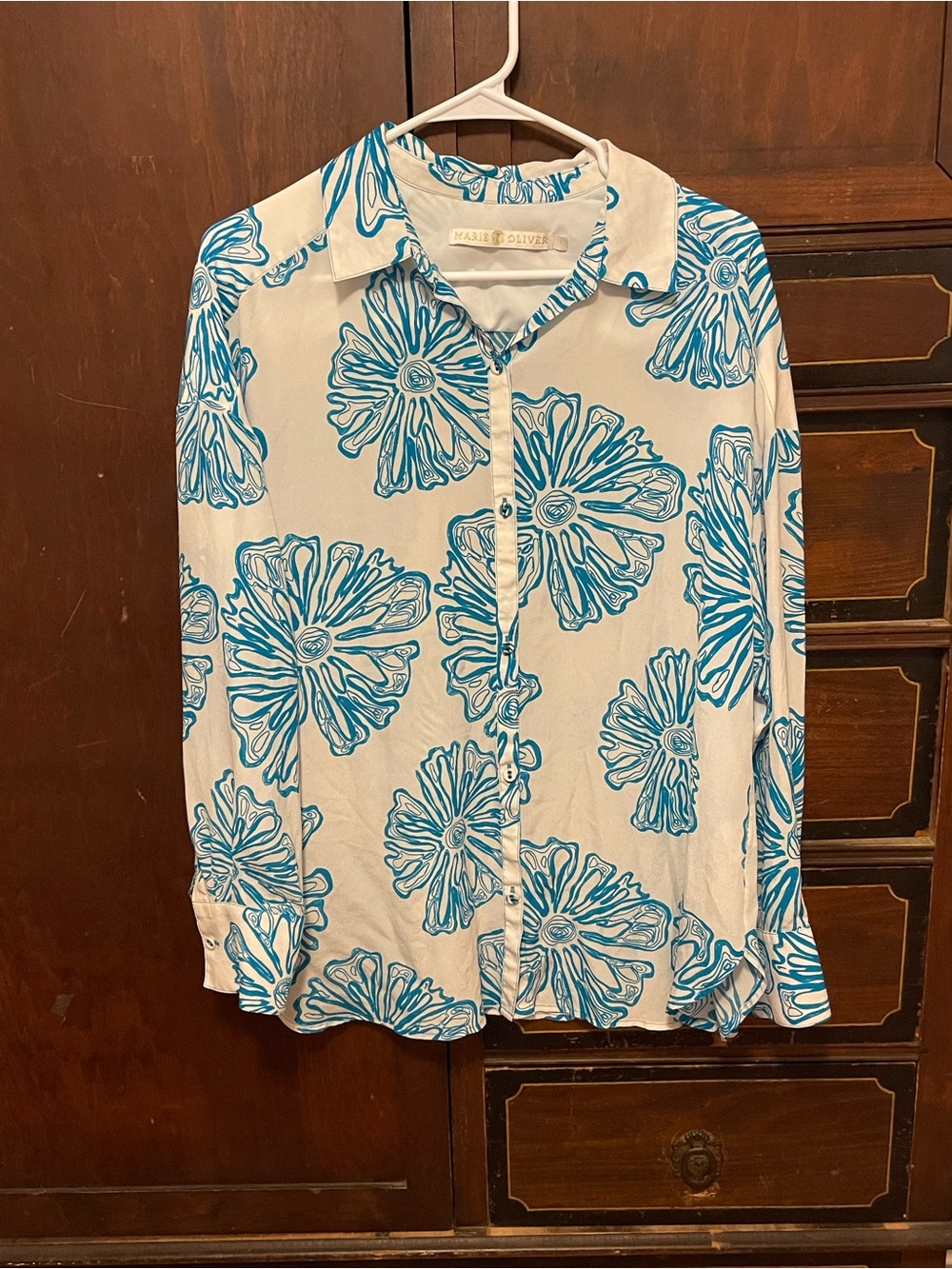 Marie Oliver Teal Floral Print Button-Front Blouse 100% Silk Size L
